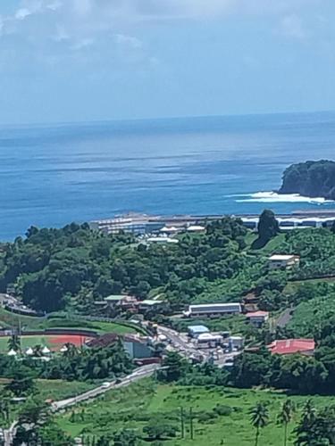 an aerial view of a town next to the ocean at BIENVENUE AU SOLEIL LEVANT assier entrée morne savon ,le lorrain in Le Lorrain