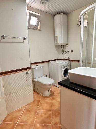 a bathroom with a toilet and a sink and a washing machine at Magic mountain villas in Antalya