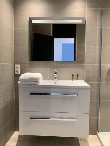 une salle de bain avec un lavabo blanc et un miroir dans l'établissement Appartement neuf 4km Saint-Tropez, à Saint-Tropez