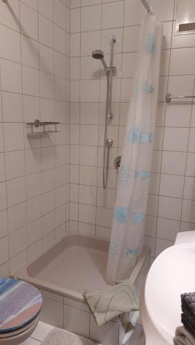 łazienka z wanną, toaletą i prysznicem w obiekcie Ferienwohnung Tegernheim w mieście Tegernheim