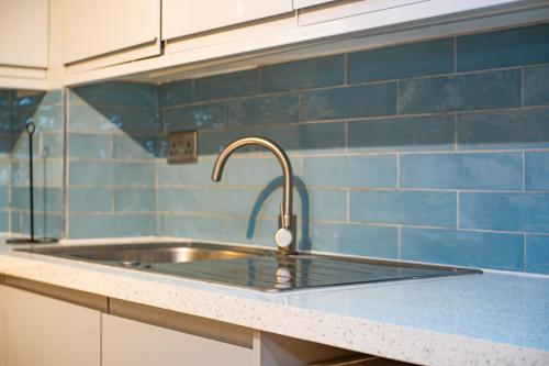 a stainless steel sink in a kitchen with blue tiles at Alpha Grove in London