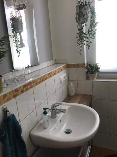 a bathroom with a white sink and a mirror at Pension Doreen Nieswand in Gamstädt