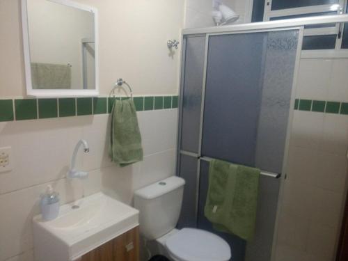 La salle de bains est pourvue de toilettes, d'un lavabo et d'une douche. dans l'établissement RCM Vilas - STUDIO n 03, à Joinville