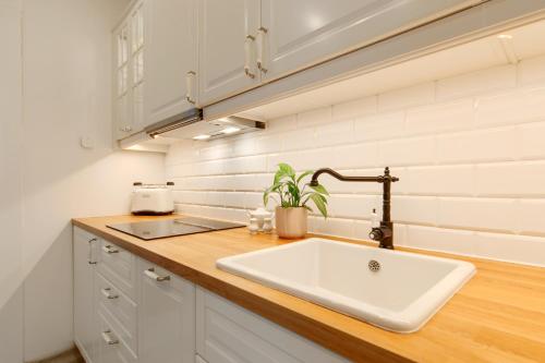 a kitchen with a white sink and a counter at Apartament Nowe Miasto - przy Deptaku Chrobrego in Gorzów Wielkopolski