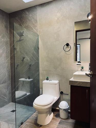 a bathroom with a toilet and a shower and a sink at Colibrí MID - Linda casa en el Centro Histórico de Mérida in Mérida