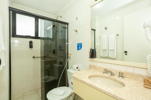 La salle de bains est pourvue d'un lavabo, de toilettes et d'une douche. dans l'établissement Travel Inn Saint Charles, à Jundiaí