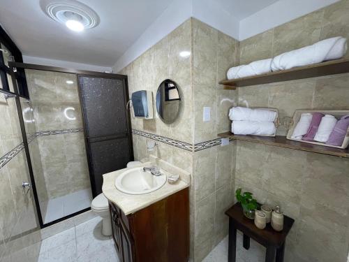 a bathroom with a sink and a shower and a toilet at Medellin Tu hogar en la eterna primavera in Medellín