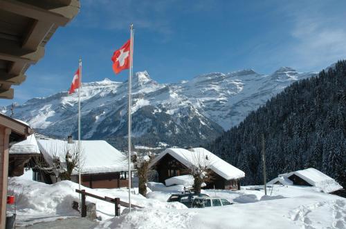 two canadian flags in the snow in front of a mountain at Historic Hotel du Pillon in Les Diablerets