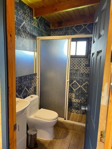 a bathroom with a toilet and a shower with blue tiles at Cabañas Luz de Luna, Playa Curanipe in Curanipe