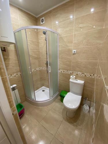 uma casa de banho com um chuveiro e um WC. em Хостел Мрія em Uman