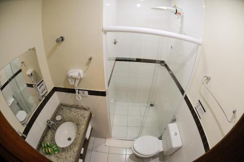 a small bathroom with a toilet and a sink at My Flat in Mogi das Cruzes