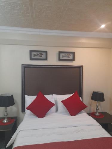 a bedroom with a large bed with two red pillows at Pablo Guesthouse in Ermelo