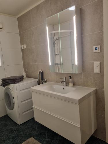 y baño con lavabo, aseo y espejo. en Cosy nordic apartment, en Tromsø