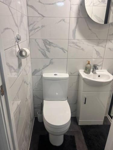 a white bathroom with a toilet and a sink at Cosy and warm studio apartment in Bexleyheath in Belvedere