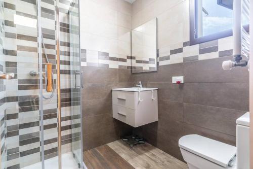 een badkamer met een douche, een toilet en een wastafel bij Villa de fernan Pérez in Níjar
