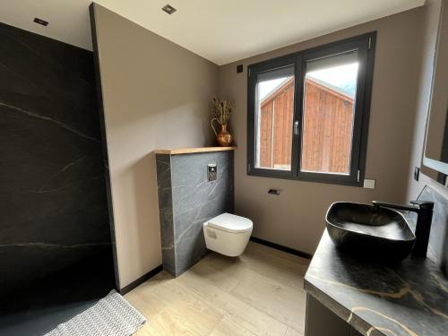 MontvernierにあるLe Cristal SPA Montvernierのバスルーム(黒い洗面台、トイレ付)