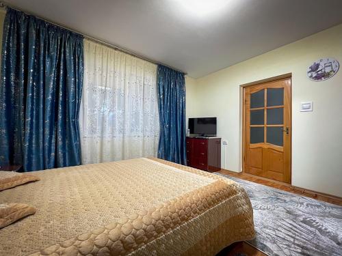 um quarto com uma cama, uma janela e uma televisão em Căsuța Măriuca em Greci