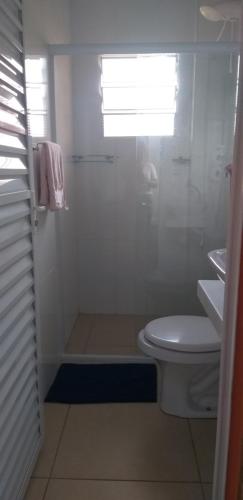 a bathroom with a shower and a toilet and a sink at Quarto aconchegante Barão Geraldo in Campinas