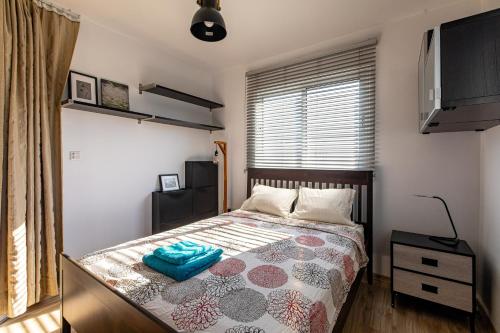 ein kleines Schlafzimmer mit einem Bett und einem TV in der Unterkunft Cosy Apart at Lykavitos in Nikosia