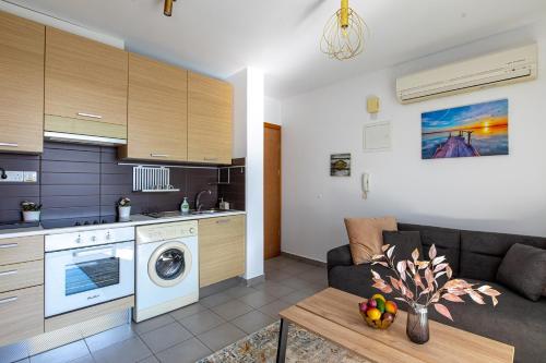 eine Küche und ein Wohnzimmer mit einem Sofa und einem Tisch in der Unterkunft Cosy Apart at Lykavitos in Nikosia