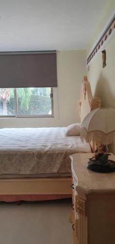 een slaapkamer met een groot bed en een raam bij hermosa habitacion en casa residencial in Guadalajara