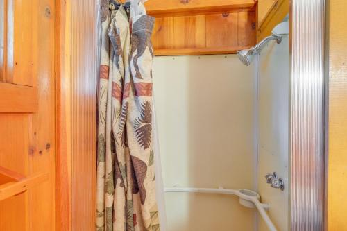 ein Duschvorhang hängt im Bad in der Unterkunft Kalkaska Retreat Private Hot Tub, Dock, Fireplace in Kalkaska