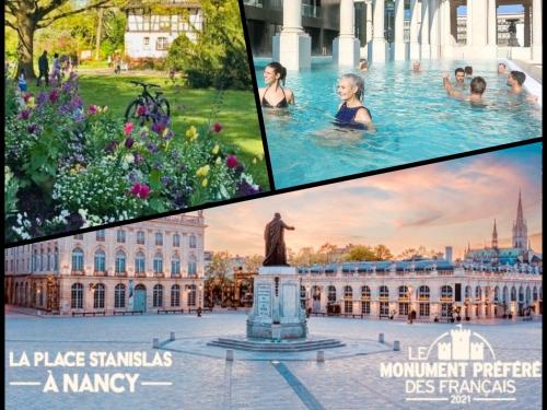 a collage of photos of a palace and a fountain at Proche Nancy centre, à quelques pas des Thermes et du campus ARTEM, appartement calme avec parking gratuit in Nancy