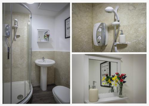 a bathroom with a shower and a toilet and a sink at King Sized Luxury - Stylish Studio Flat in Blackpool