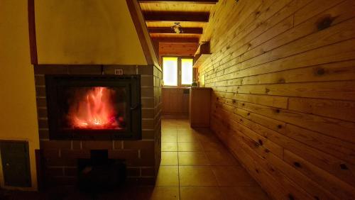 a fireplace in a room with a brick wall at Domek Letniskowy Krejwince in Krejwińce