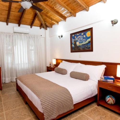 瓜伊馬斯的住宿－los rafeles 5，一间卧室设有一张大床和天花板