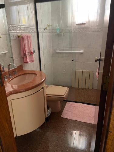 坎普林普的住宿－Espaço Casa Dona Dina，一间带水槽、卫生间和淋浴的浴室