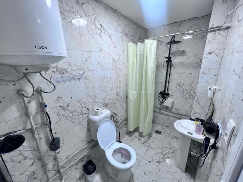 a white bathroom with a toilet and a sink at Apartments / Studio Matka in Matka