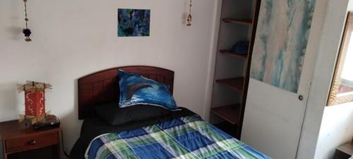 Un dormitorio con una cama con una almohada azul. en Habitación individual, baño compartido, en Santiago