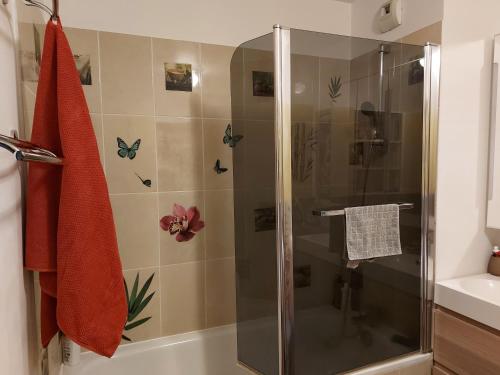 a shower with a glass door in a bathroom at Stade de France Chambre d'Hôte by RESERVATI HOME in Saint-Denis