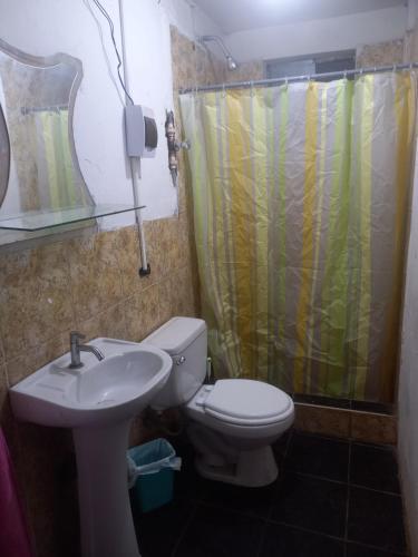 een badkamer met een wastafel, een toilet en een douche bij MyD in Cuzco