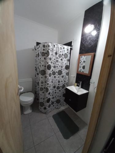 a bathroom with a toilet and a shower curtain at Departamento NAMASTE II in Carhué