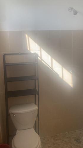 a bathroom with a white toilet and a shelf at HOSTEL CAFE EL PESCADOR in Puerto Escondido