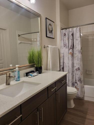 uma casa de banho com um lavatório, um WC e um chuveiro em Downtown Dallas 2bd free parking em Dallas