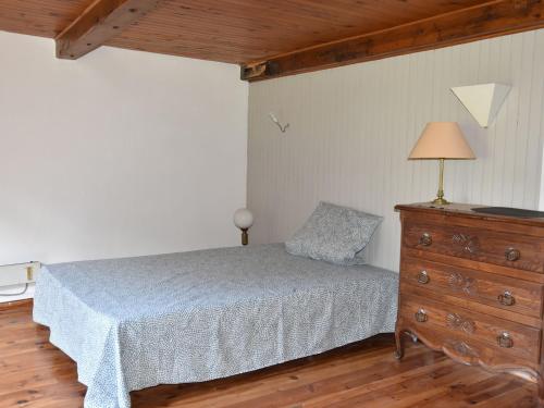 ein Schlafzimmer mit einem Bett und eine Kommode mit einer Lampe in der Unterkunft Chalet Pralognan-la-Vanoise, 3 pièces, 4 personnes - FR-1-464-219 in Pralognan-la-Vanoise