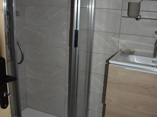 a shower with a glass door next to a sink at Chalet Pralognan-la-Vanoise, 3 pièces, 4 personnes - FR-1-464-219 in Pralognan-la-Vanoise