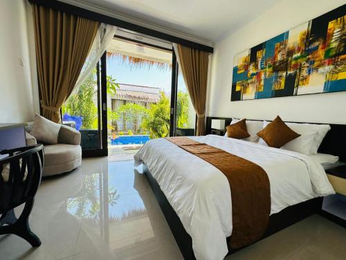 a bedroom with a large bed and a large window at Maliqa Villas Nusa Penida in Nusa Penida