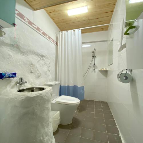 a white bathroom with a toilet and a sink at Jeju Mermuri in Seogwipo