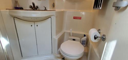 małą łazienkę z toaletą i umywalką w obiekcie GYPSIES DRIFTER w mieście Vancouver