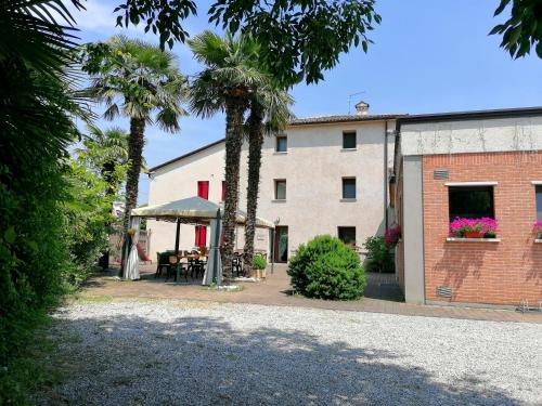 a building with palm trees in front of a courtyard at Agriturismo Da Andreina in Borso del Grappa