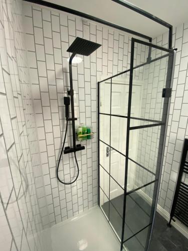 eine Dusche mit Glastür im Bad in der Unterkunft Havens nest in Belfast