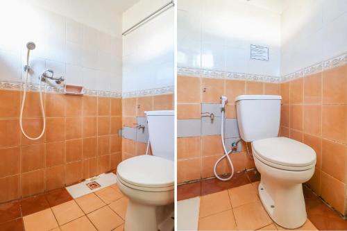 two pictures of a bathroom with a toilet and a shower at SUPER OYO 1927 Hotel Candra Adigraha in Denpasar