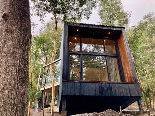 una casa sull'albero con una finestra nel bosco di Casa Gallareta , luxury con costa del lago . a Villa La Angostura