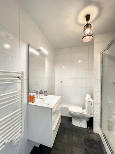une salle de bain blanche avec un lavabo et des toilettes dans l'établissement City & cosy, LYON CHARCOT- WIFI - LAVE LINGE - BALCON - PARKING, à Lyon