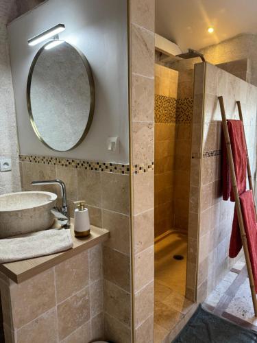 a bathroom with a shower and a sink and a mirror at LE DOMAINE DE COAT ROGAN, La chambre du Tregor in Ploëzal