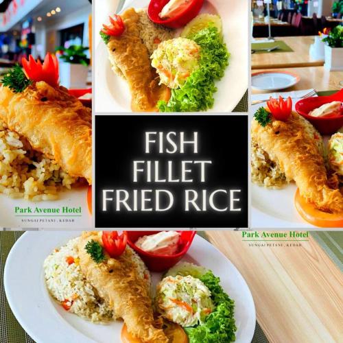 a collage of pictures of fish filleted fried rice and vegetables at Park Avenue Hotel Sungai Petani in Sungai Petani